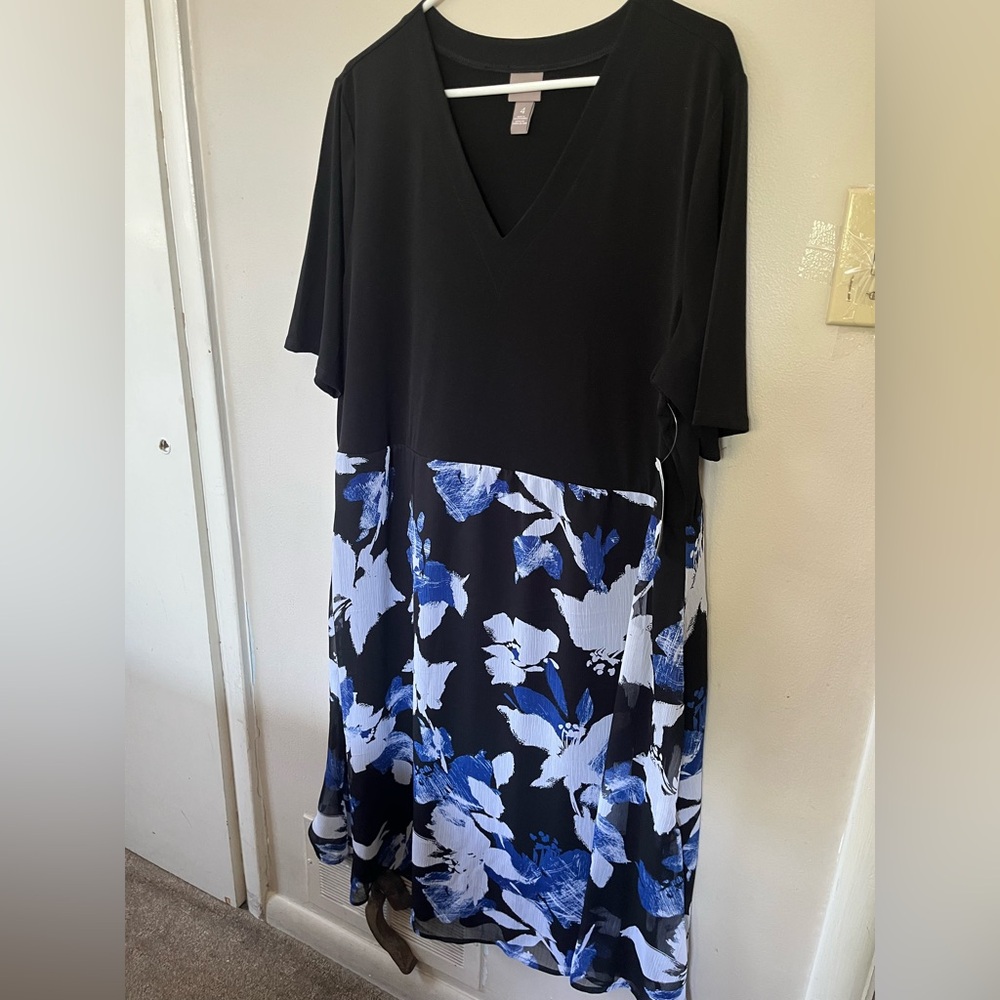 Chicos Black Dress Blue Floral Overlay 4